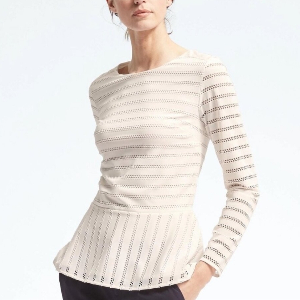 Banana Republic Long Sleeve Peplum Lace Eyelet Blouse in Ivory White
